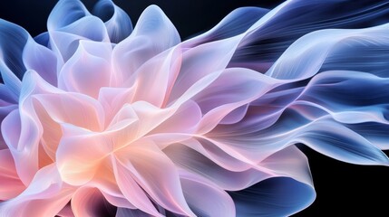 Subtle translucent floral patterns swirl in pastel hues against a monochrome futuristic backdrop, soft yet intricate in every detail