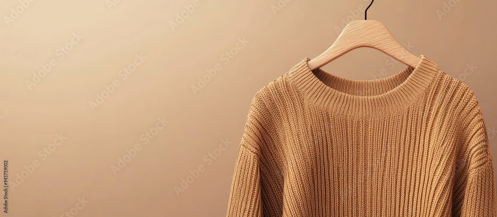 Poster brown sweater draped on a wooden hanger. with copy space image. place for adding text or design