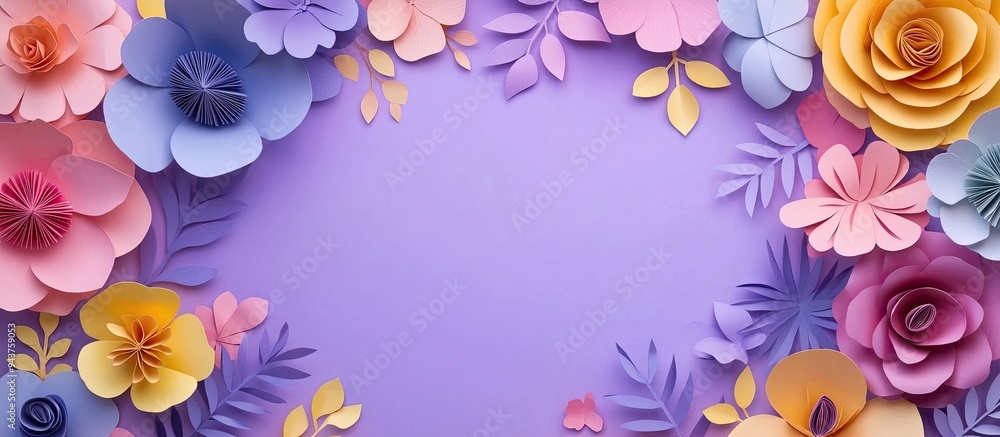 Aufkleber Frame adorned with colorful paper flowers on a violet background crafted from paper. with copy space image. Place for adding text or design
