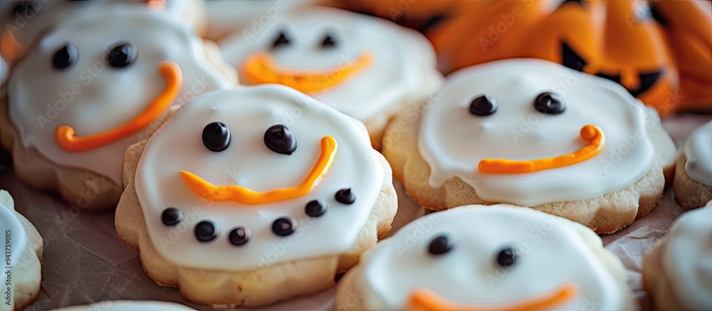 Poster funny mummy cookies for a halloween treat for children. with copy space image. place for adding text