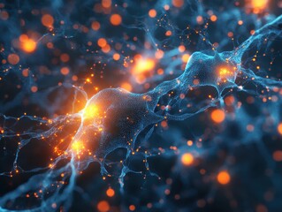 Abstract Blue and Orange Glowing Network with Bokeh Background.