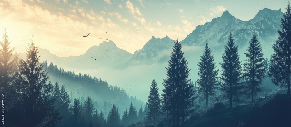 Aufkleber stunning wild fir and pine trees set against a beautiful sky and the outline of the mountains. with 