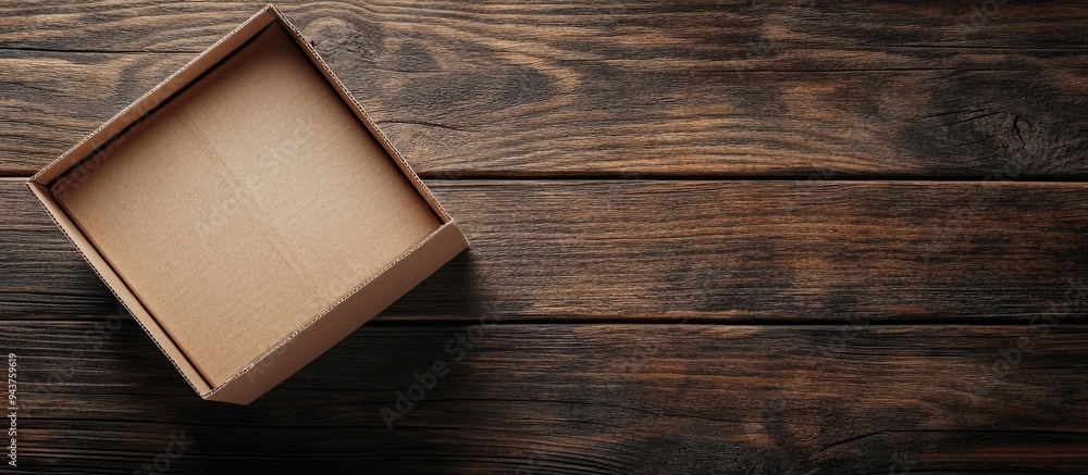 Poster Mockup of an empty brown trapezoidal cardboard box on an old wooden table seen up close Top view flat lay and space for text Banner. with copy space image. Place for adding text or design