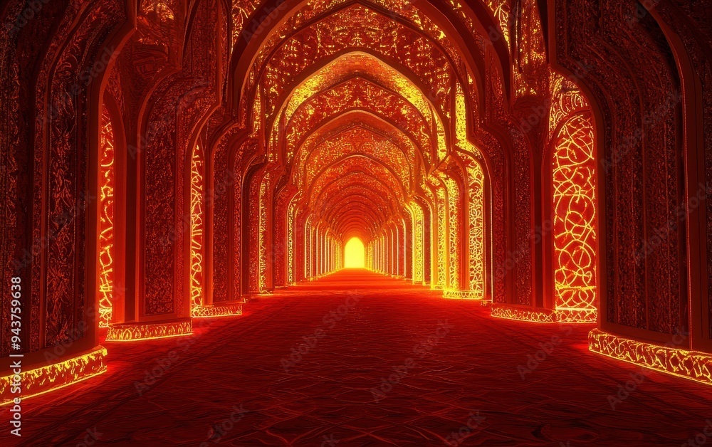 Poster red and gold illuminated archway corridor - abstract architecture and design concept.