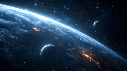 A stunning view of Earth from space with twinkling stars and a crescent moon.