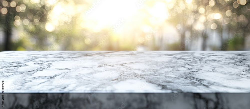 Fototapete Empty gray and white marble surface set against a blurred background with a bokeh effect Area for design. with copy space image. Place for adding text or design