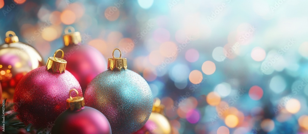 Poster Colorful Christmas ornaments for a festive background Image. with copy space image. Place for adding text or design