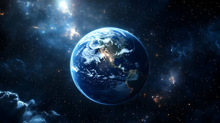 Fototapeta premium A stunning view of Earth from space, showcasing continents, oceans, and clouds, surrounded by twinkling stars and cosmic dust.