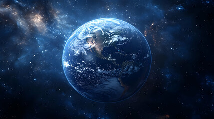 A stunning view of Earth from space, showcasing its blue oceans, swirling clouds, and continents.