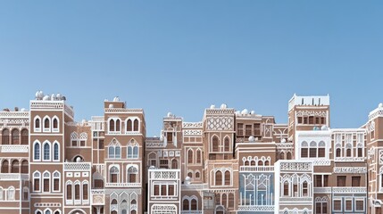 Obraz premium A stunning view of the old city of showcases traditional mud brick architecture, detailed wooden lattices, and vibrant greenery under a clear blue sky.