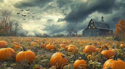 An autumn background with a large pumpkin patch and a spooky Halloween-themed barn in the distance
