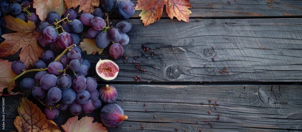 Aufkleber frame of purple wild grape leaves grapes plums and figs on a gray wooden background top view flat la