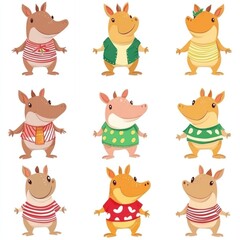 Fototapeta premium A colorful array of cartoon animals in various outfits and expressions.