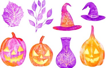 Handpainted watercolor set for Halloween, with poison bottle, cauldron, potion, broom, candle, candy, pumpkin, witch hat, and floral branch.