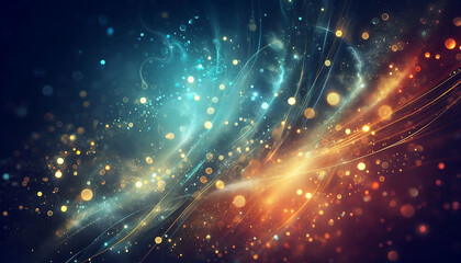 A vibrant abstract background featuring a blend of soft blue and gold tones illuminated by glimmering bokeh effects. Sparkling particles create a sense of golden and blue lights