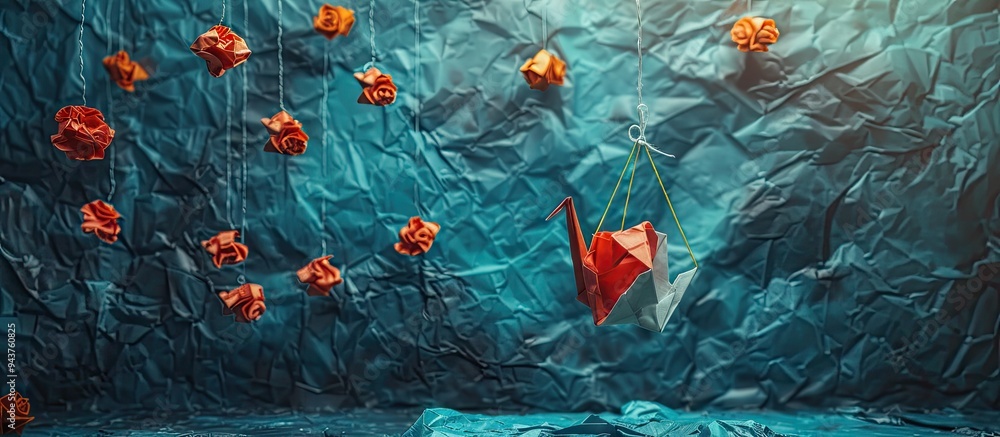 Aufkleber new concepts or transformation ideas featuring crumpled paper balls and a crane teamwork creativity 
