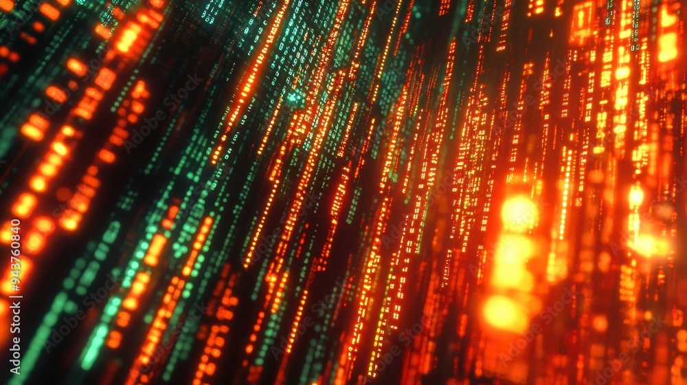 Aufkleber abstract digital data stream - red and green code flowing downwards in the dark
