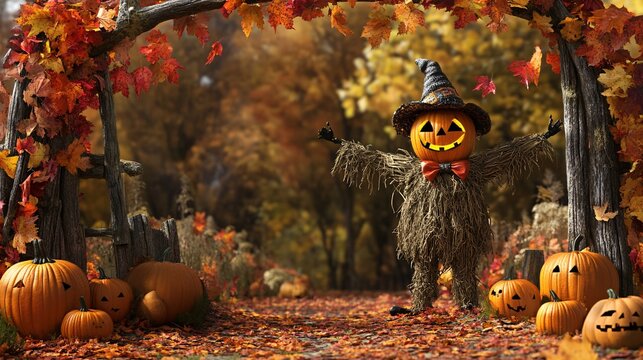 An autumn landscape with a spooky Halloween setting featuring a scarecrow and pumpkins amidst colorful leaves