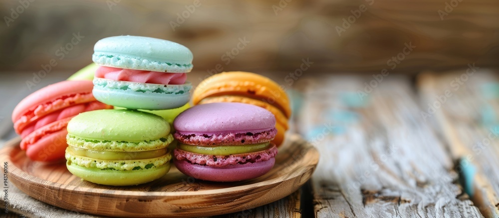 Poster Multicolored macarons on a plate resting on green wooden boards arranged side by side on the surface with copy space