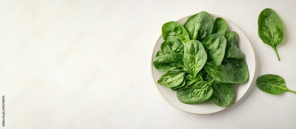 Aufkleber A group of fresh spinach leaves on a plate against a light background Horizontal layout Copy space Top view Vegan cuisine Nutritious and delicious greens