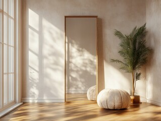 photo of a modern beige empty room with mirror