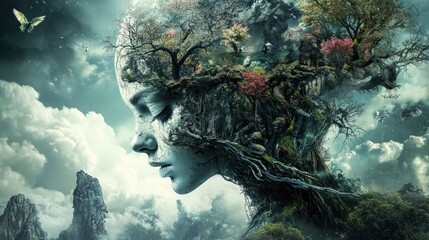 A surreal blend of nature and humanity in a dreamlike landscape.