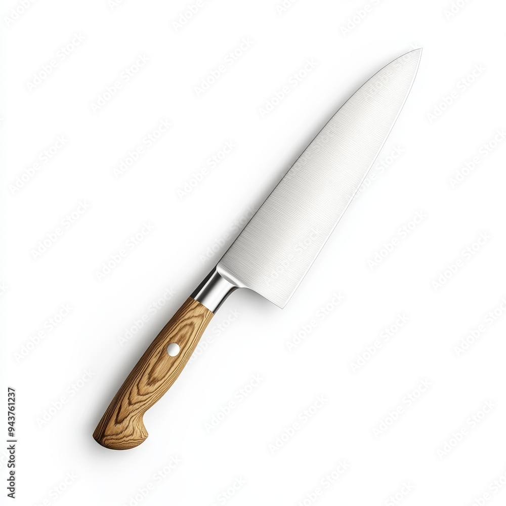 Poster a 3d simple style icon of a silver chef knife with a wooden handle rendered with realistic textures 