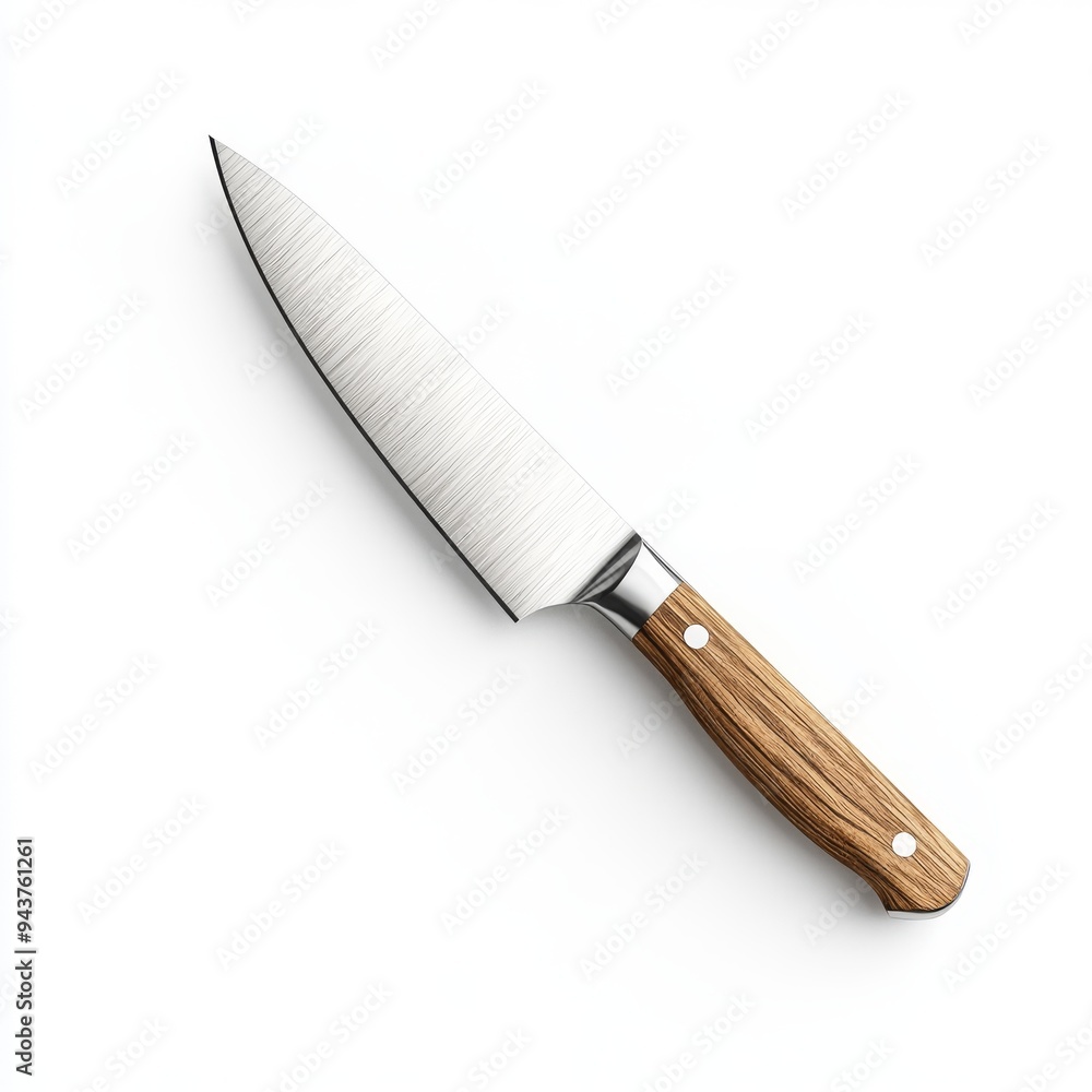 Poster a 3d simple style icon of a silver chef knife with a wooden handle rendered with realistic textures 