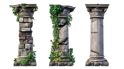 Collection of marble pillars columns Old Ruins Pillar isolate on Transparency Background