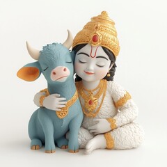 Cute baby Krishna cuddling a baby cow, 3D art, white background, Hindu symbolism.,