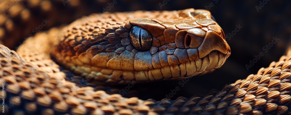 Poster close-up view of a rattlesnake's rattle with detailed texture, capturing the intricate patterns on t