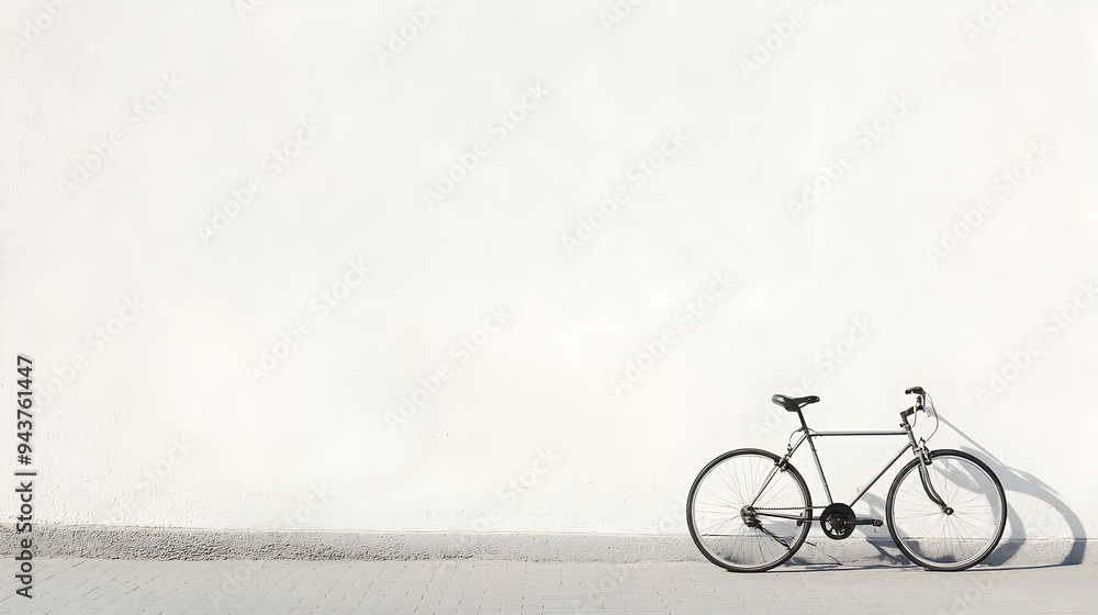 Poster A lone bicycle standing against a simple plain white wall creating a minimalist and clean composition with ample copy space for design or text overlay
