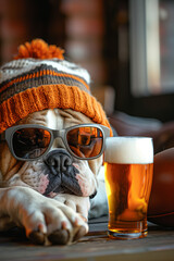 a bulldog lies in sunglasses and a beanie hat, next to him is a mug of beer