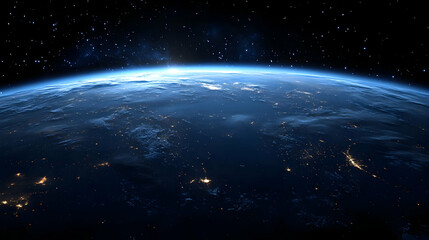 Fototapeta premium A stunning view of Earth from space, showcasing the planet's intricate details, including the curvature of the Earth, the vastness of space, and the glimmer of city lights.