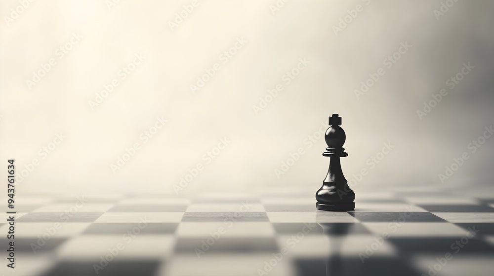 Poster minimalist chessboard with a single chess piece in clear focus showcasing the concept of strategy ch