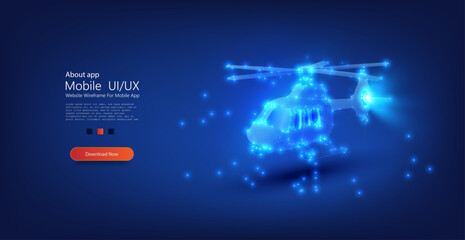 Futuristic helicopter in a glowing blue wireframe design, emphasizing advanced technology and aerial transportation. Vector illustration © ZinetroN
