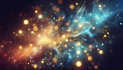 Obraz premium A vibrant abstract background featuring a blend of soft blue and gold tones illuminated by glimmering bokeh effects. Sparkling particles create a sense of golden and blue lights