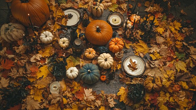 A cozy fall setting with a Halloween-themed table setup surrounded by autumn leaves, pumpkins, and spooky decor