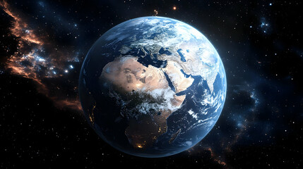 Fototapeta premium A stunning view of Earth from space, showing the continents and oceans in detail, with a bright blue sky and white clouds.