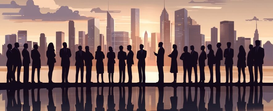 Stock photo of a group of businesspeople standing in front of a city skyline, double exposure photography, silhouette, digital art techniques, light blue skies, dark gray sky.