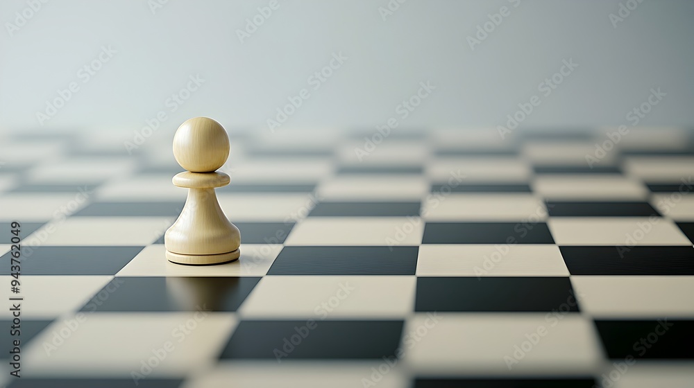 Poster a minimalist chessboard design featuring only a single chess piece in focus with ample copy space su