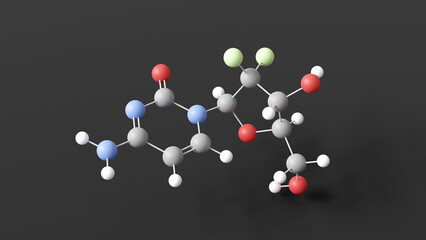 gemcitabine molecule 3d, molecular structure, ball and stick model, structural chemical formula chemotherapy medication
