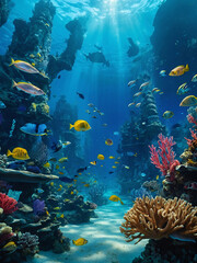 A captivating illustration of an underwater kingdom with coral castles, glowing marine plants, and schools of colorful fish swimming around