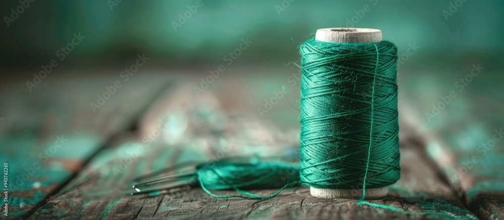 Poster green thread reel on white not isolated. with copy space image. Place for adding text or design