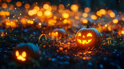 A picturesque Halloween background with a pumpkin patch illuminated by soft, ambient lighting