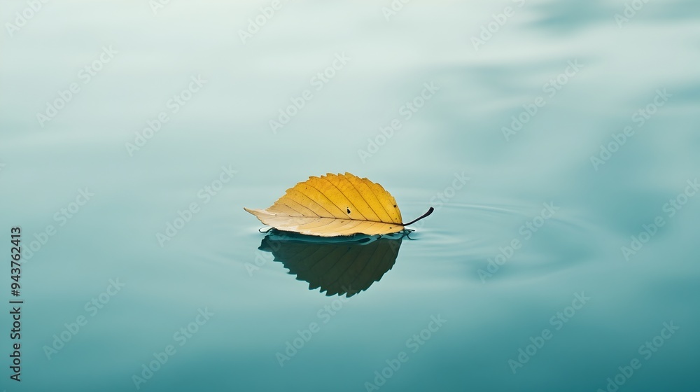 Poster a single green leaf gracefully floating on the still reflective surface of a calm body of water the 