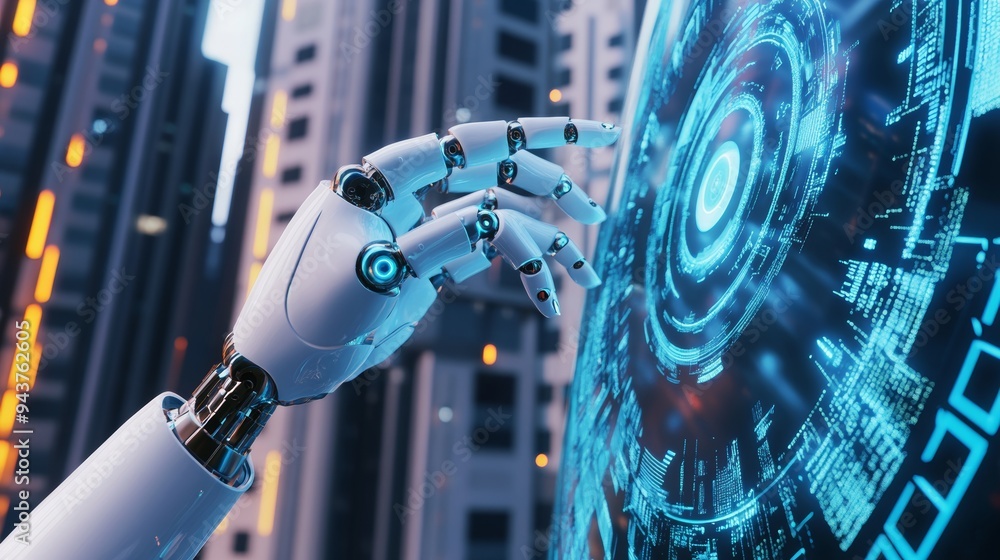 Poster an index finger is pressed and a virtual holographic interface appears in a futuristic design concep