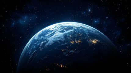 Obraz premium A stunning view of Earth from space, showing the planet's blue oceans, white clouds, and twinkling city lights against a backdrop of a starry night sky.