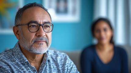 cultural stress relief workshop, a hispanic middle-aged man attends a stress-relief workshop led by a supportive african american counselor in a serene setting with calming blue decor