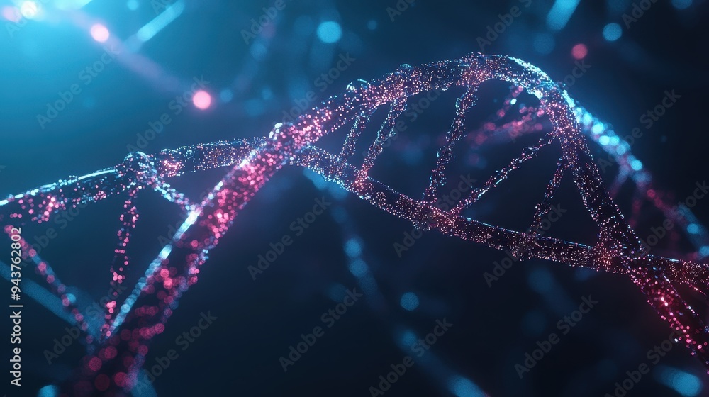 Poster abstract dna structure with glowing particles in blue and pink color scheme